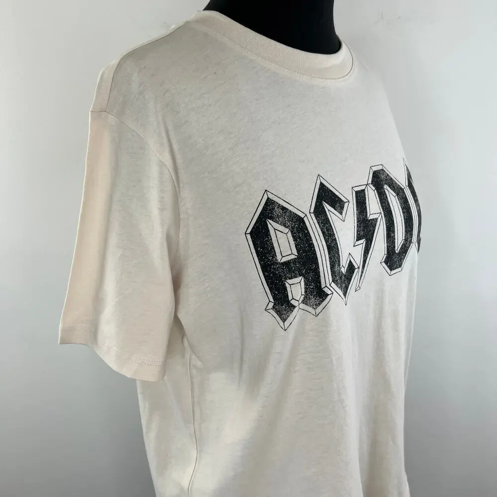 AC/DC x H&M Cream Short Sleeve Crewneck Cotton Graphic Print Tee Size S Small